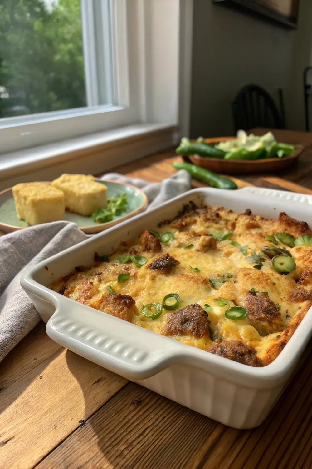 Vertical view of a slice of breakfast casserole on a brunch plate with avocado slices, salsa, fresh cilantro, sour cream, weekend Sunday brunch aesthetic, dramatic morning lighting
