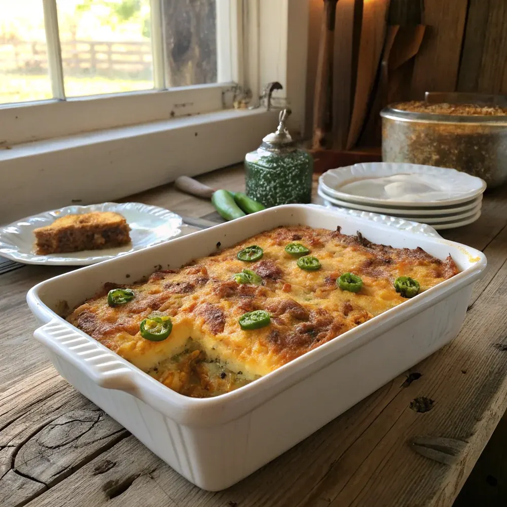 Overhead view of the 9x13 dish straight from the oven, browned crust covering the entire surface, serving spoon resting in the dish, brunch table with avocado, salsa, and coffee mugs