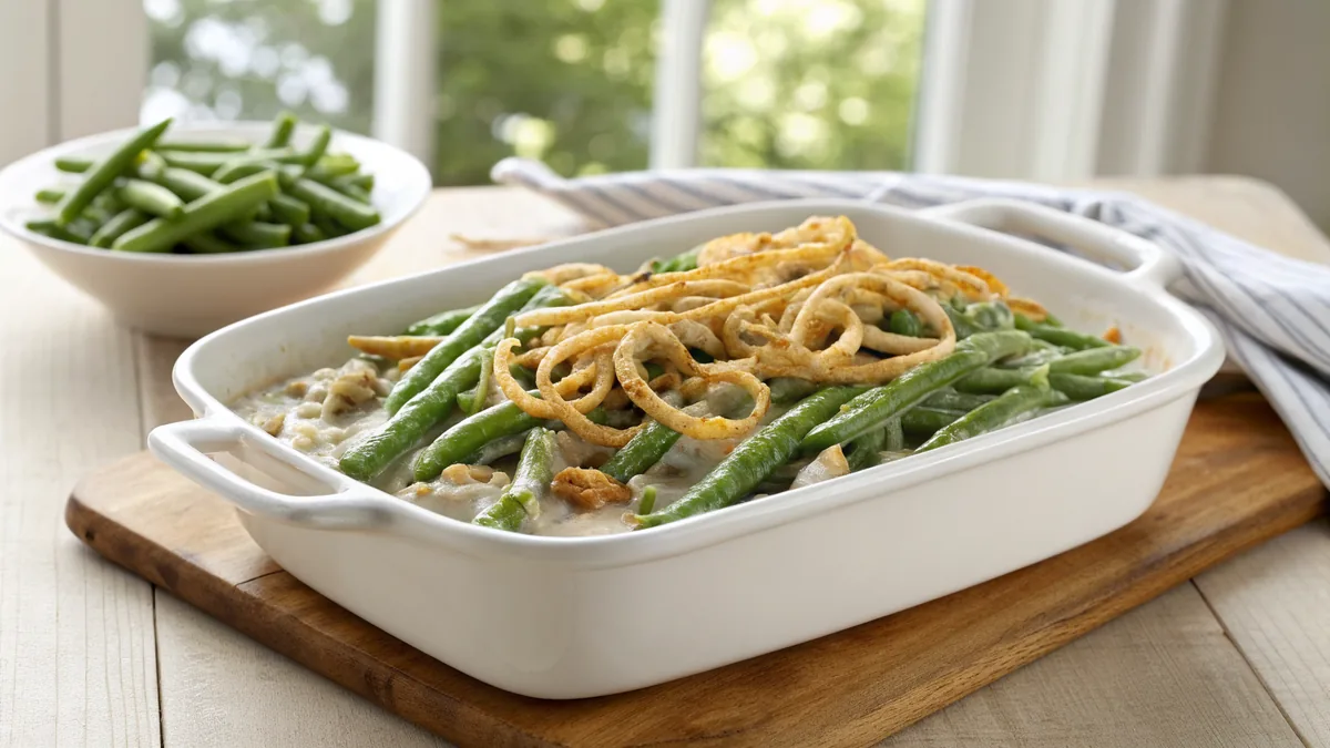 A white ceramic 9x13 baking dish of green bean casserole with bright green beans in a creamy pale mushroom sauce under a golden layer of crisp fried onion strands resting on a wooden table in warm afternoon light