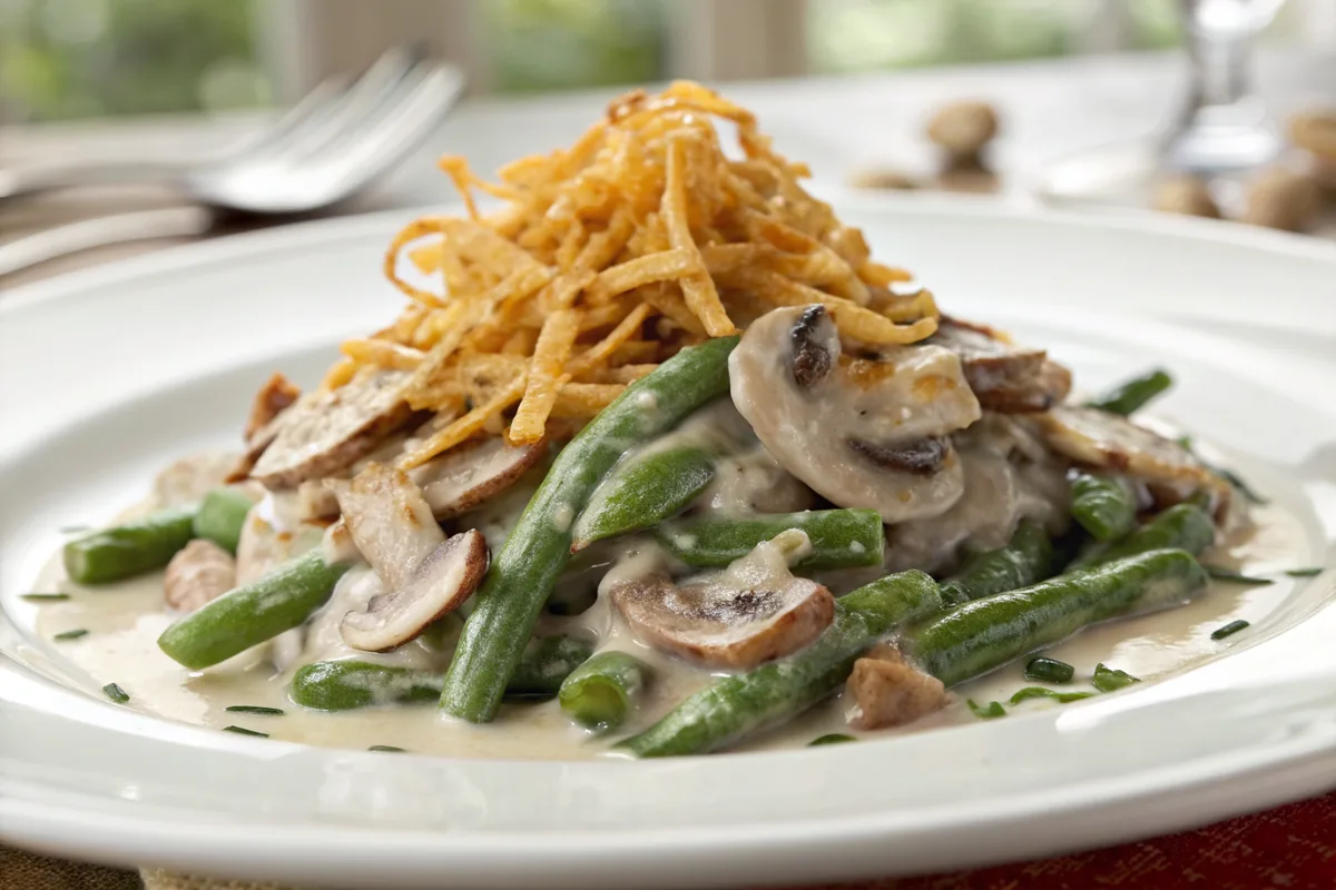 Close-up of a portion of green bean casserole resting on a white plate showing tender green beans coated in thick ivory mushroom cream with sliced brown cremini pieces and a crown of shattered golden fried onions, nothing in motion