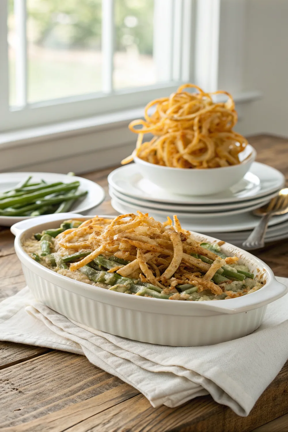 Vertical composition of a bubbling green bean casserole in a white ceramic dish with a tall pile of crisp golden fried onions on top, a stack of plates and a linen cloth beside it on a rustic wooden table