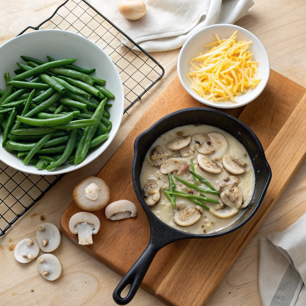Overhead view of a wooden counter with a bowl of blanched bright green beans, a skillet of sliced cremini mushrooms in pale cream sauce, a wire rack of golden fried onion strands, and a small dish of grated sharp cheddar