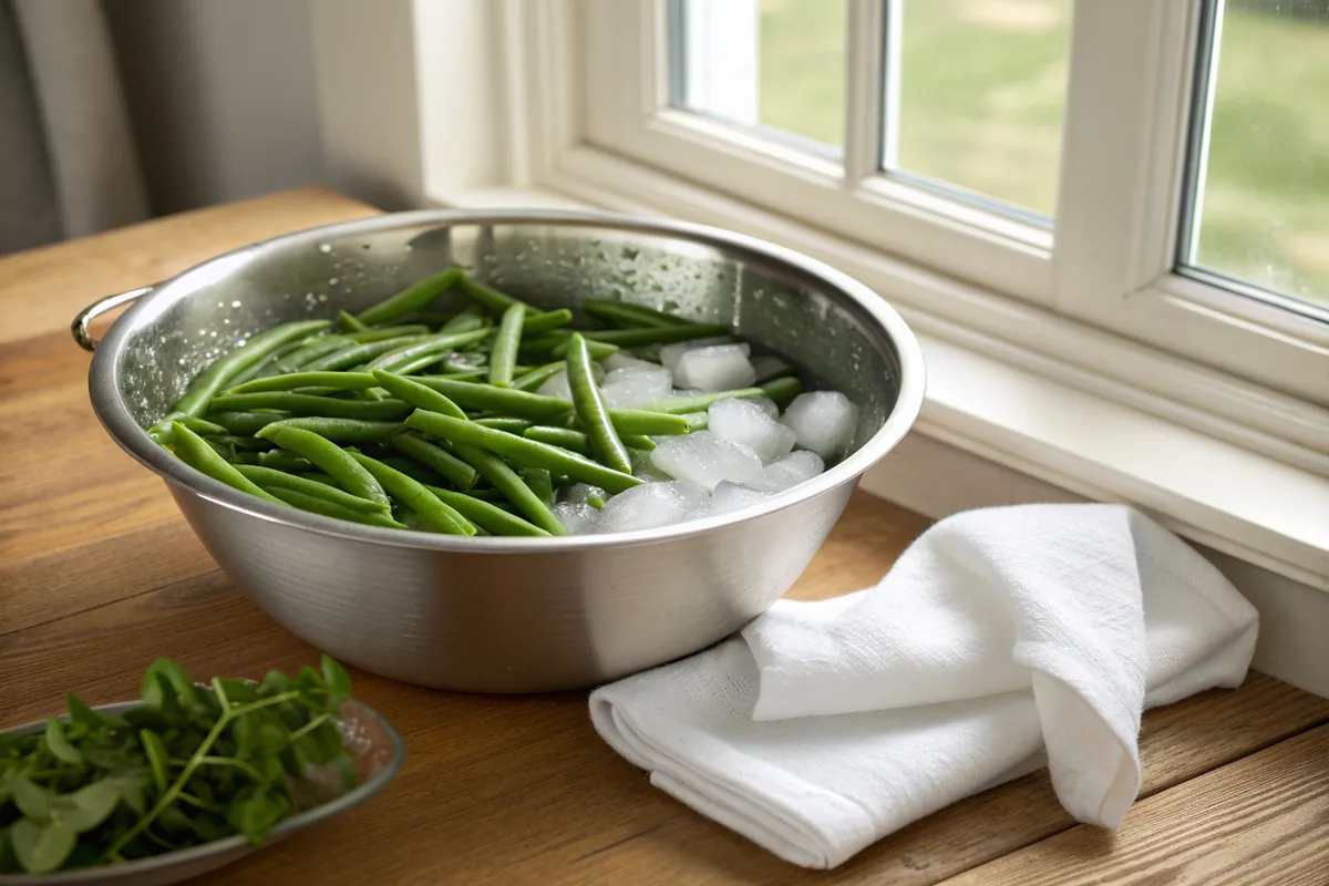 A wide stainless bowl of bright green blanched green bean pieces resting in ice water with floating ice cubes beside a clean folded white kitchen towel on a wooden counter
