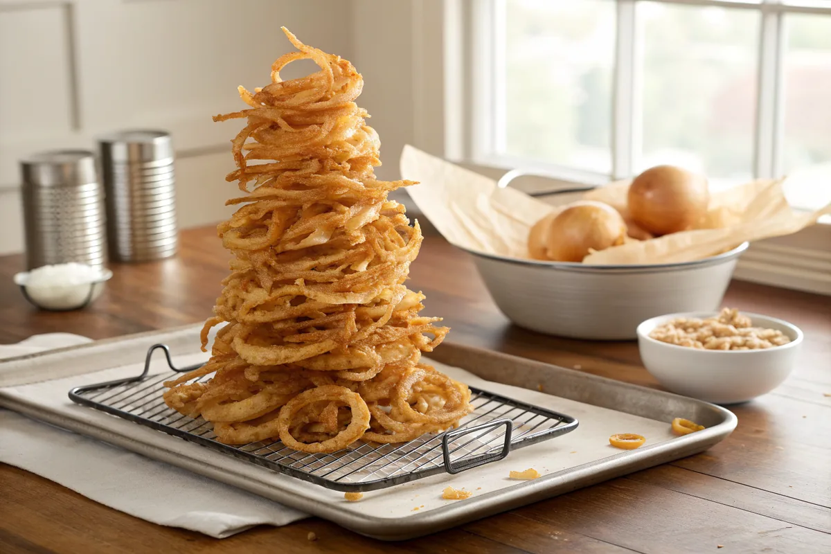 A tall pile of thin golden brown crispy fried onion strands resting on a wire rack set over a rimmed metal sheet pan on a wooden counter with a small bowl of chopped pecans beside it