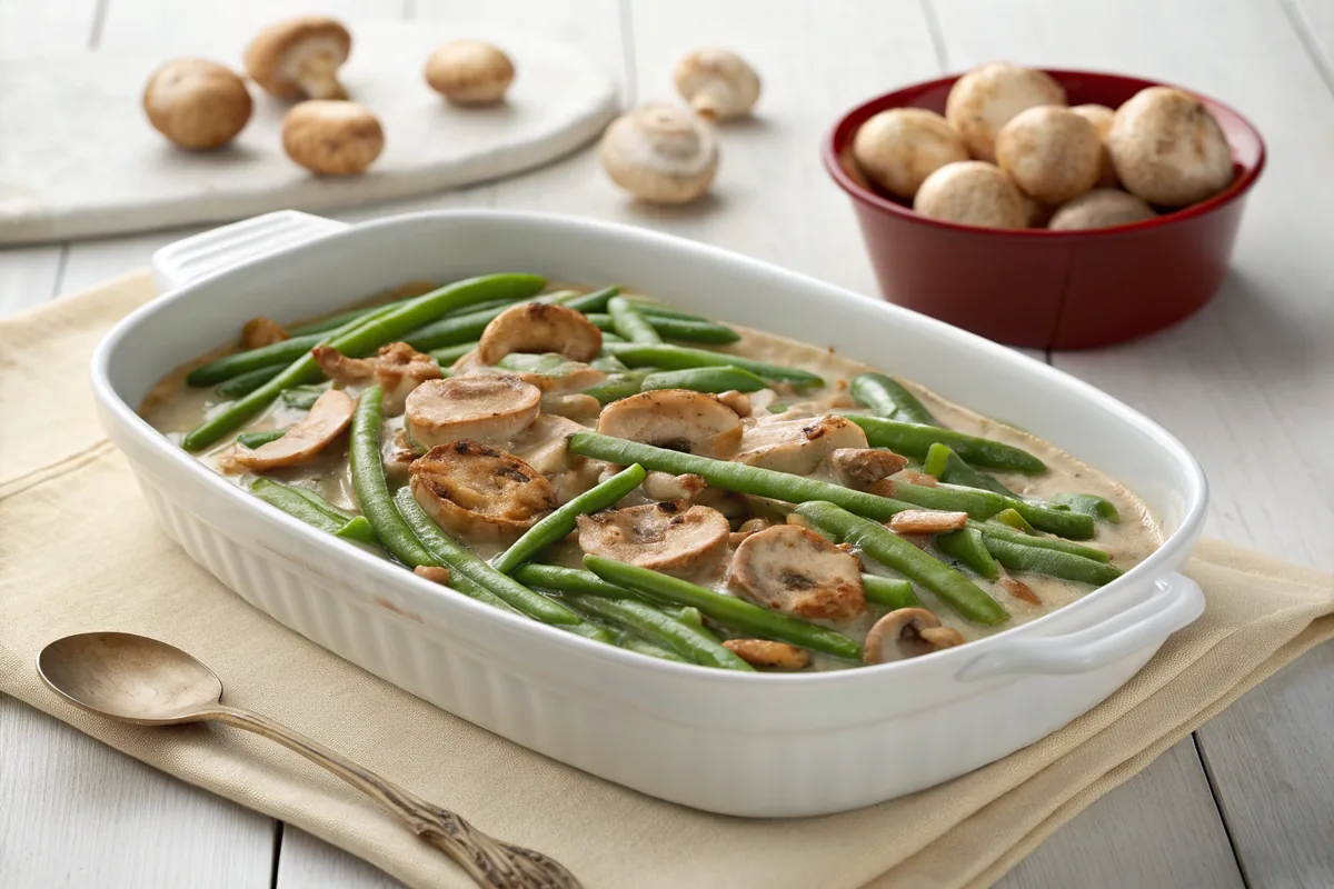 A white ceramic 9x13 baking dish of green beans coated in thick pale mushroom cream sauce with browned cremini slices visible, sauce lightly browned at the edges, resting on a plain wooden table with a small bowl of whole cremini mushrooms beside it, only food and plain dishes in frame