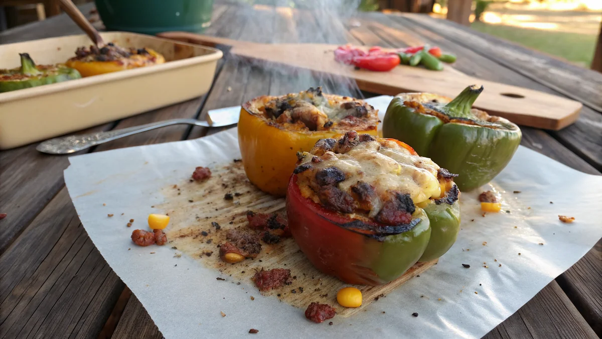 Grilled stuffed bell peppers with visible char marks and smoke ring on the pepper skin, melted cheese bubbling, chorizo and corn filling visible, served on butcher paper with a wisp of smoke