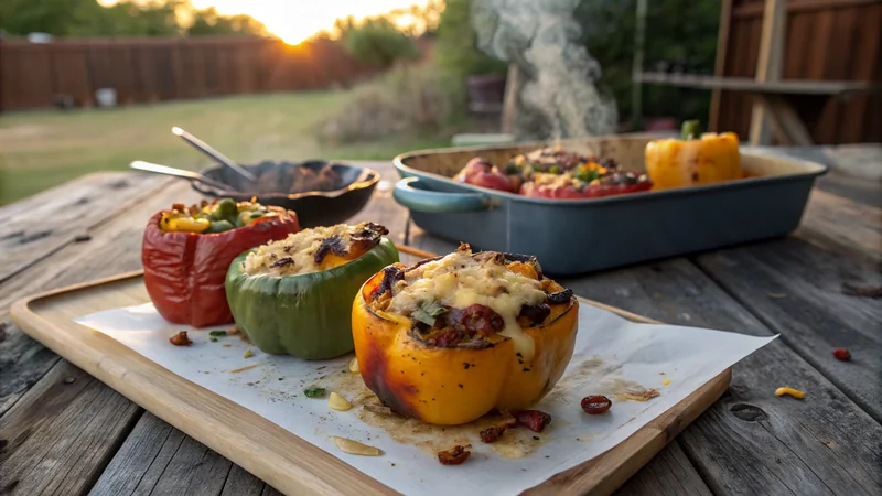Close-up of a grilled bell pepper half on the grill grate showing char marks across the skin, melted cheese bubbling, post oak smoke wisp