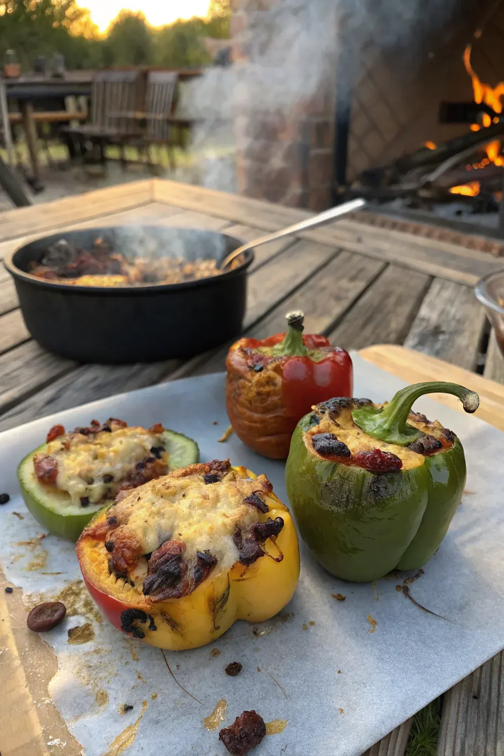 Vertical view of a grilled stuffed bell pepper being lifted off the grill grate, char marks visible, melted cheese stretching, smoke wisp from the kettle