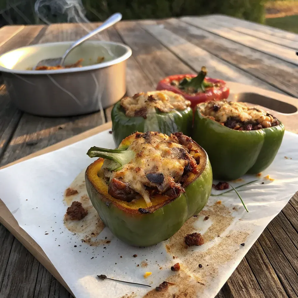 Overhead view of six grilled stuffed bell peppers on butcher paper, sliced jalapeños and lime wedges on the side, char marks and smoke ring visible