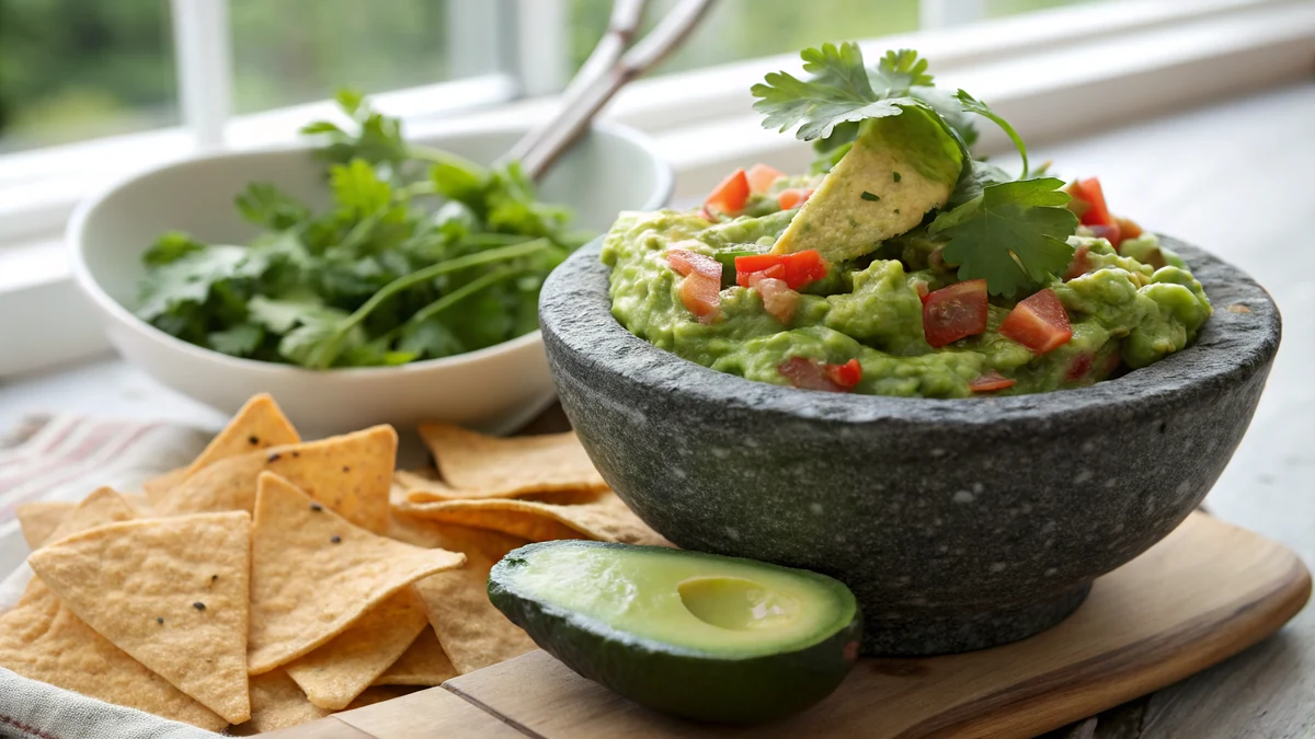Molcajete bowl of chunky guacamole with visible avocado pieces flecked with cilantro serrano and tomato, tortilla chips arranged around it