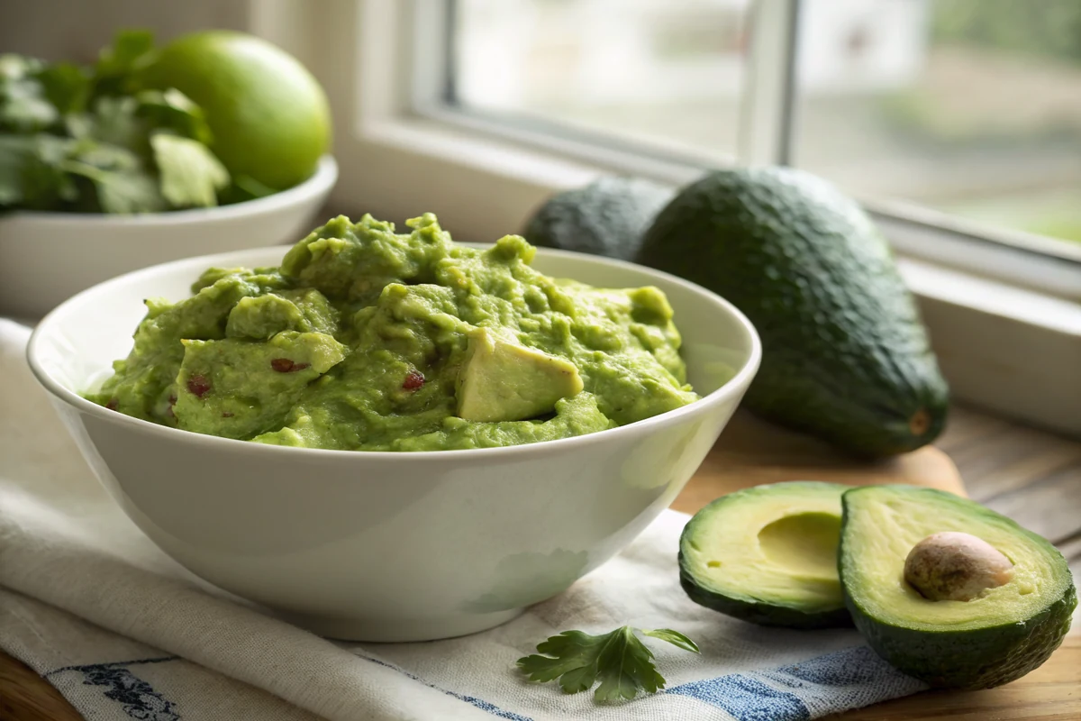 Close-up of coarsely mashed guacamole showing large soft chunks of pale green avocado coated in darker green herb paste