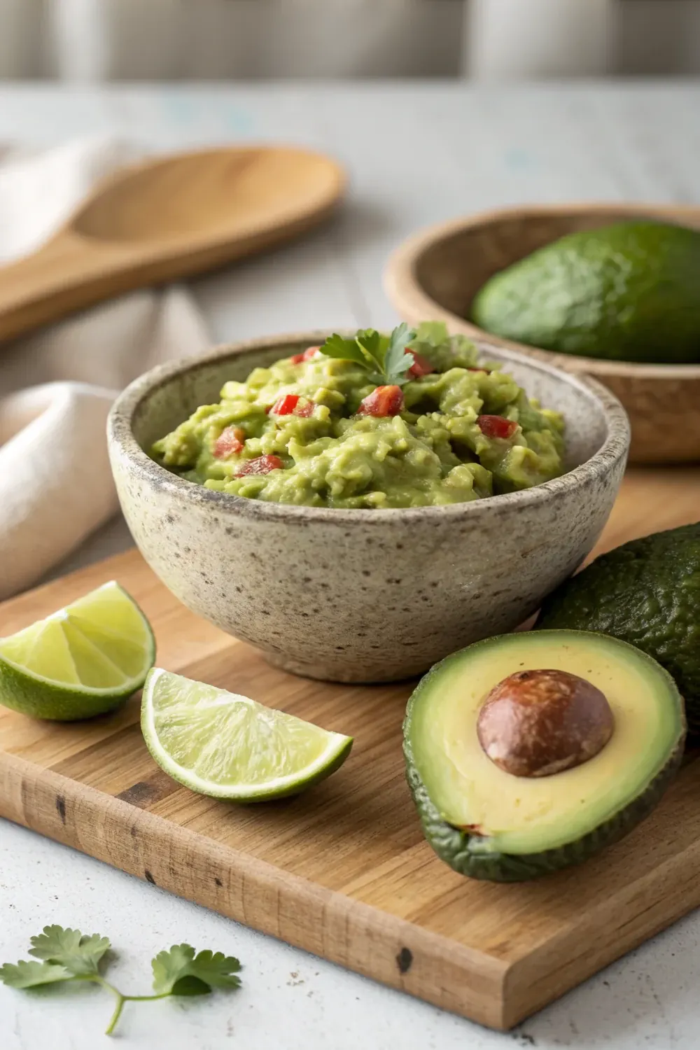 Vertical shot of a rustic bowl piled with chunky guacamole, halved avocados showing large seeds and lime wedges arranged below on a wooden board