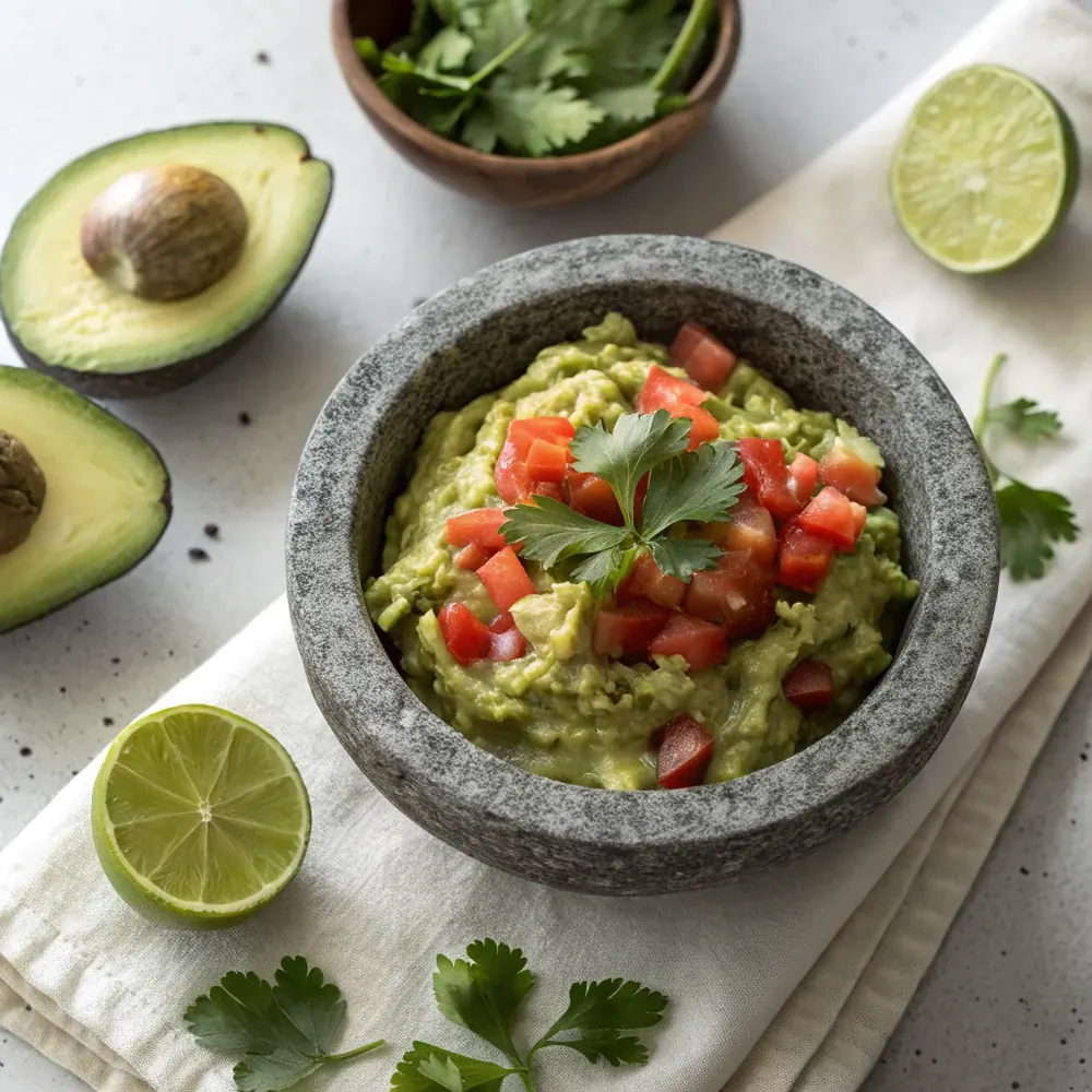 Overhead view of a stone bowl of chunky guacamole topped with cilantro leaves and diced tomato, ripe avocado halves and limes beside it