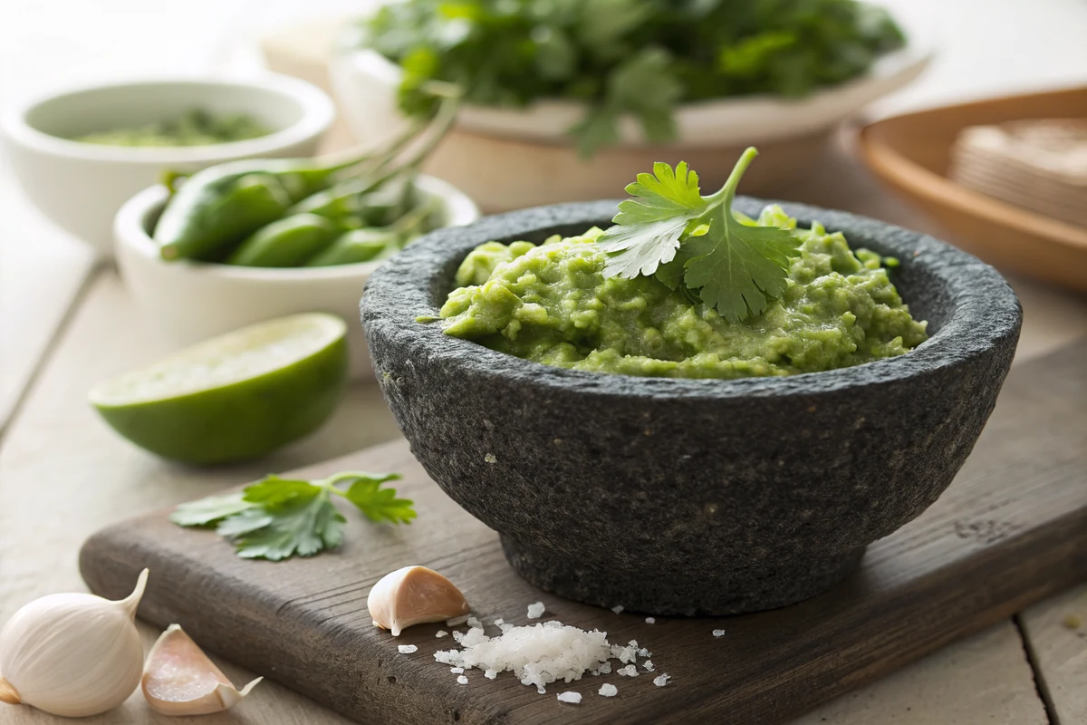 Rough green paste of ground serrano onion cilantro and coarse salt in the bottom of a dark volcanic stone molcajete bowl