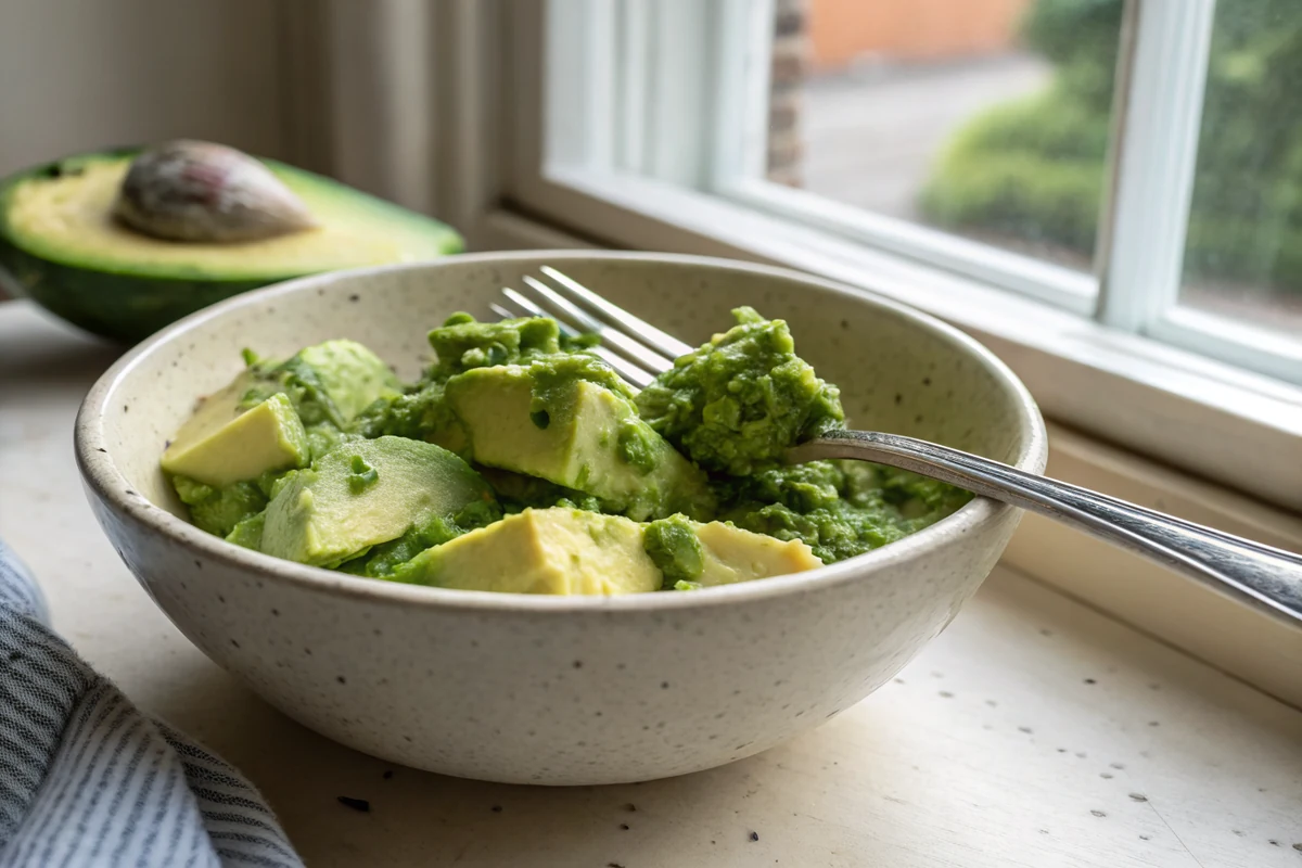 Dinner fork pressing scored avocado cubes into herb paste in a wide ceramic bowl, large soft chunks still visible throughout