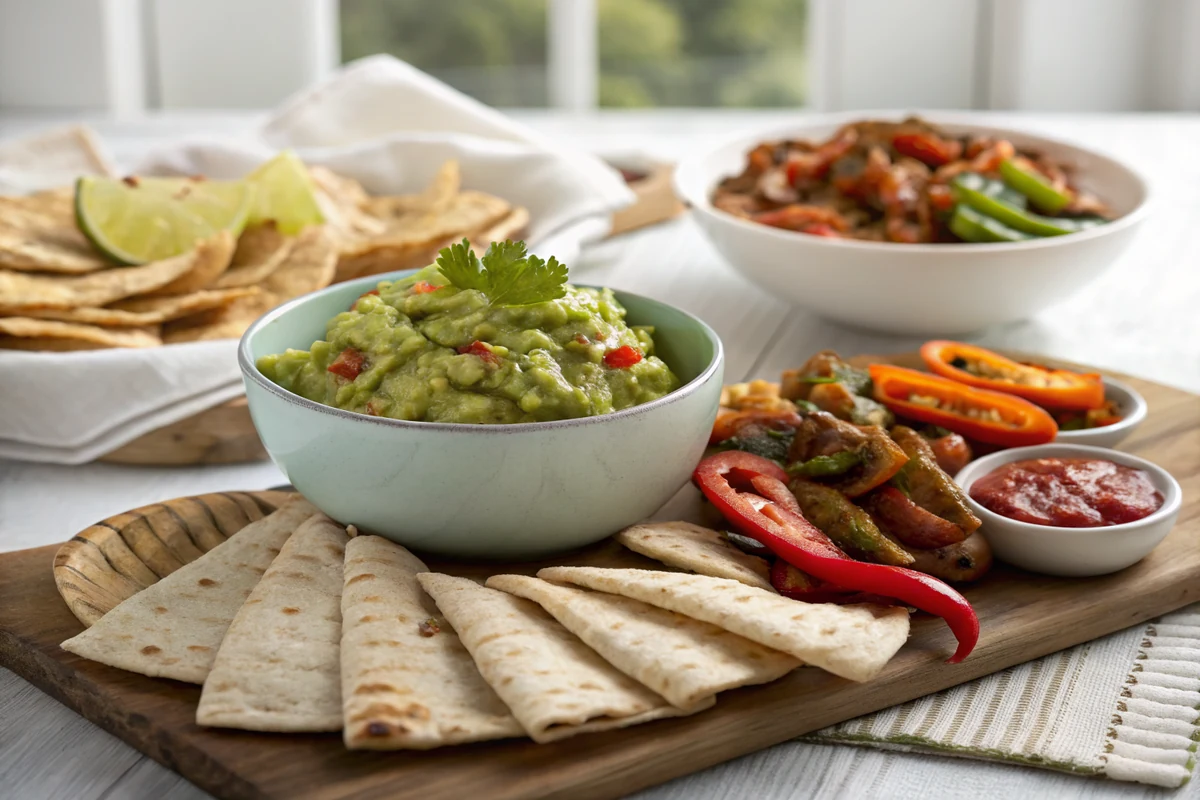 Tex-Mex spread with a central bowl of chunky guacamole, fajita platter with grilled peppers, warm tortillas and small bowls of red and green salsa