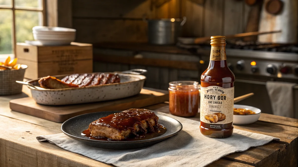Glass mason jar of glossy red-brown honey BBQ sauce with a wooden spoon dripping a sticky strand, grilled chicken wings styled in the soft background