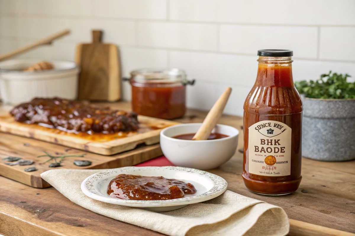 Honey BBQ sauce simmering in a small stainless saucepan with a wire whisk pulling a thick ribbon, glossy mahogany color