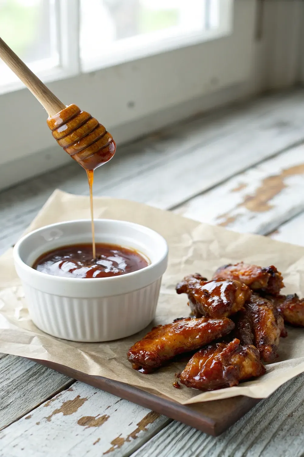 Vertical shot of sticky honey BBQ wings being brushed with sauce, dark mahogany glaze pooling on the plate, save this 5-ingredient recipe