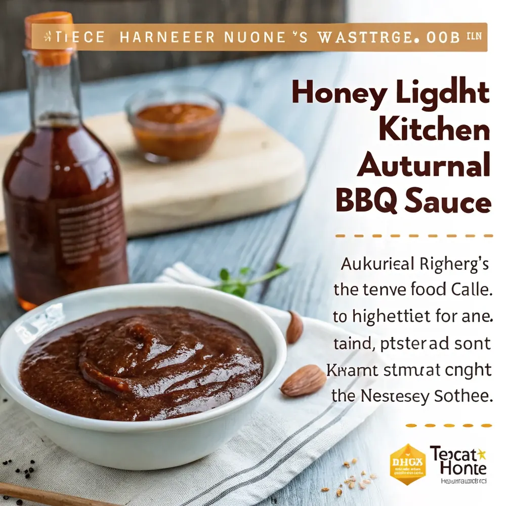Overhead view of a mason jar of homemade honey BBQ sauce on a Hill Country wooden table beside a platter of sticky glazed wings and a sliced lemon