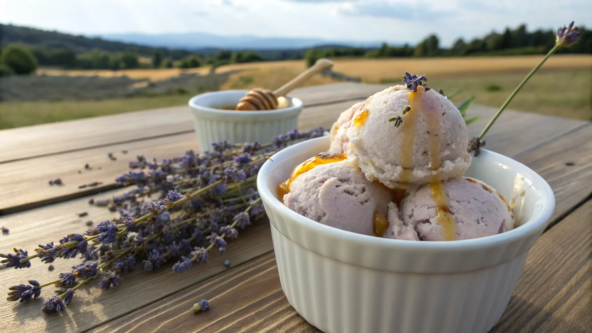 Scoops of pale lavender-tinted ice cream in a white ceramic bowl with drizzle of golden honey on top, fresh lavender sprigs as garnish, dried lavender buds scattered around, Fredericksburg Hill Country lavender field background, soft natural daylight, sophisticated dessert presentation