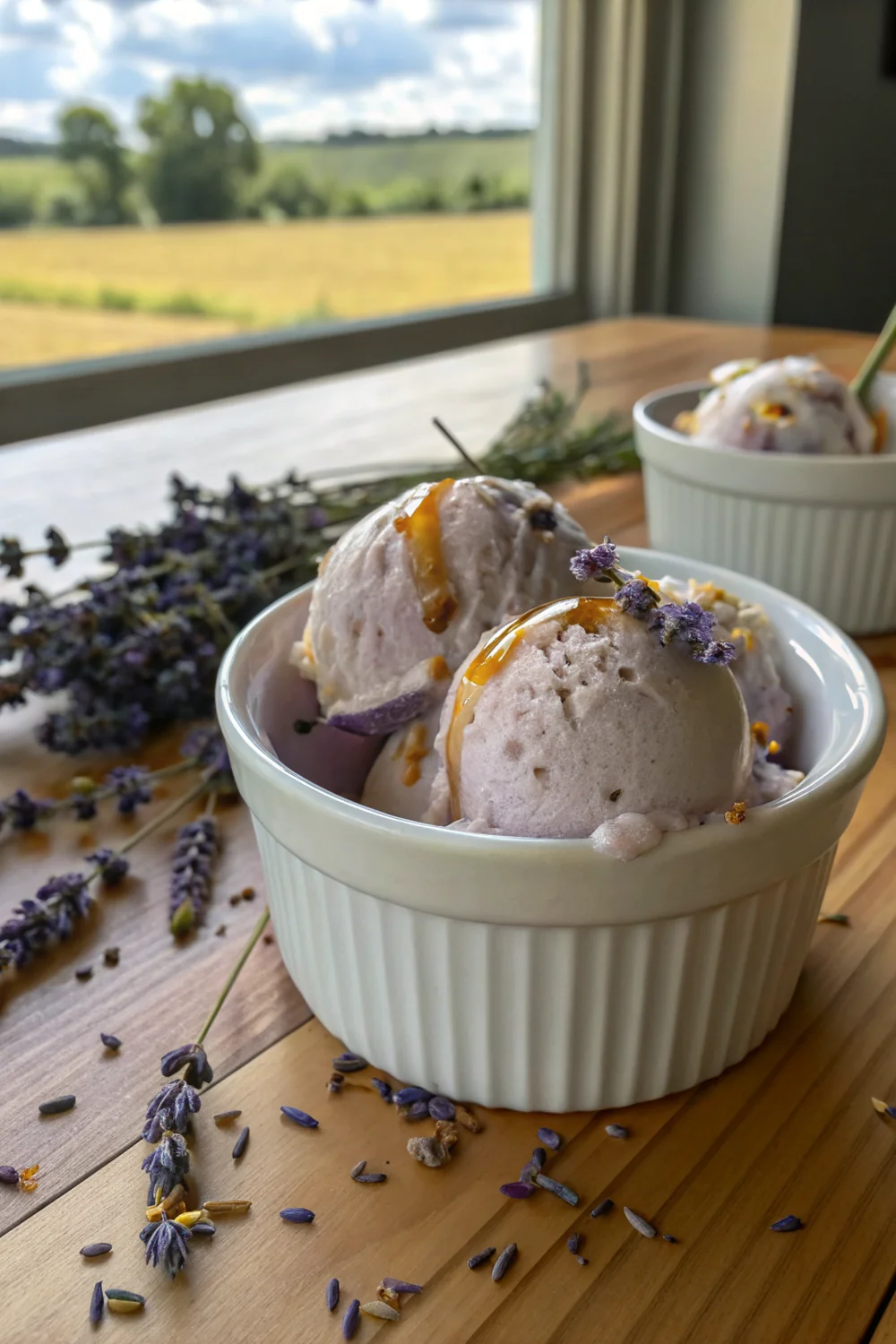 Vertical view of honey lavender ice cream being scooped from container, lavender flecks visible if any, honey drizzle stretching, summer Hill Country aesthetic, dramatic lighting