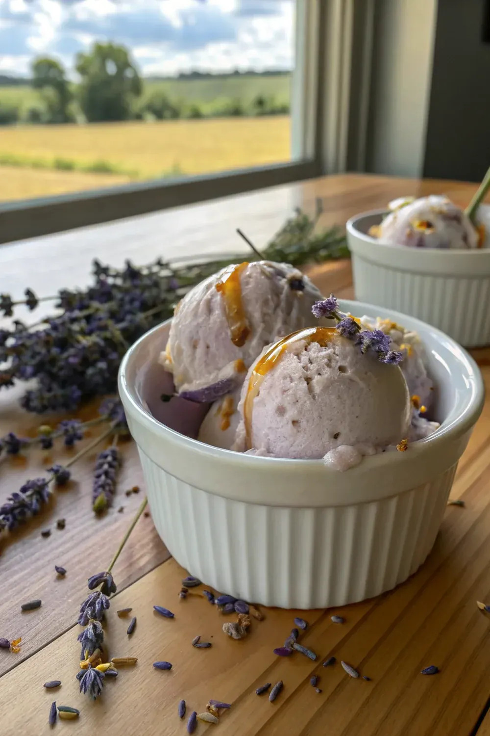 Vertical view of honey lavender ice cream being scooped from container, lavender flecks visible if any, honey drizzle stretching, summer Hill Country aesthetic, dramatic lighting