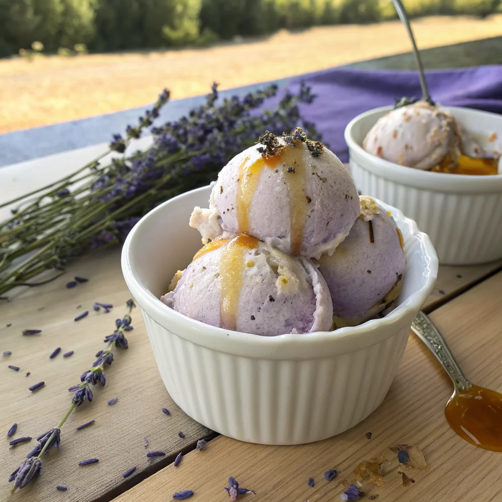 Overhead view of three small bowls of honey lavender ice cream arranged on a wooden board with dried lavender sprigs, honey jar, and serving spoons, Hill Country aesthetic