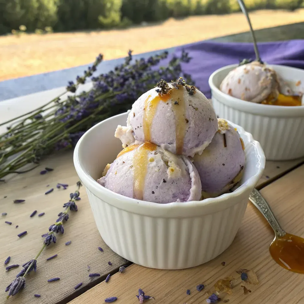 Overhead view of three small bowls of honey lavender ice cream arranged on a wooden board with dried lavender sprigs, honey jar, and serving spoons, Hill Country aesthetic