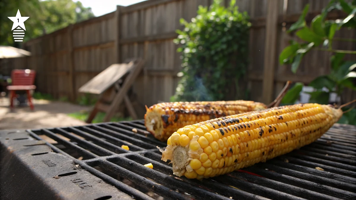Smoked corn on the cob with golden kernels and light char on a smoker grate in a Texas backyard