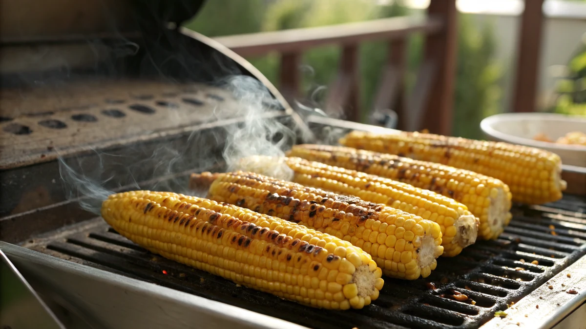 Smoked corn on the cob with golden kernels and light char on a smoker grate in a Texas backyard
