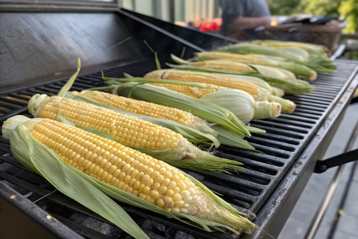 Ears of corn in soaked husks lined up on a smoker grate ready to cook