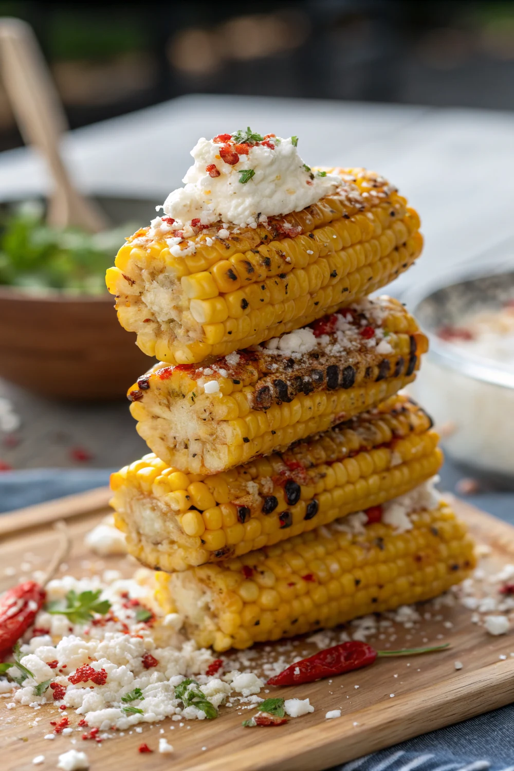 Smoked street corn topped with cotija and chili stacked vertically, save this how long to smoke corn on the cob guide