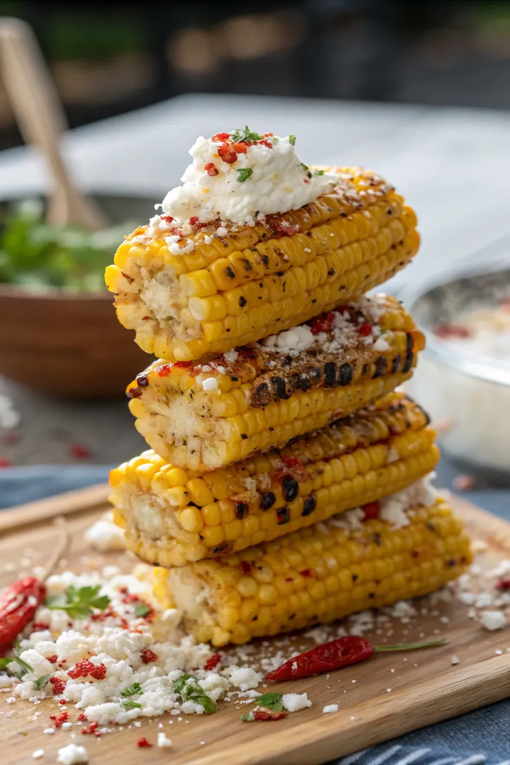 Smoked street corn topped with cotija and chili stacked vertically, save this how long to smoke corn on the cob guide