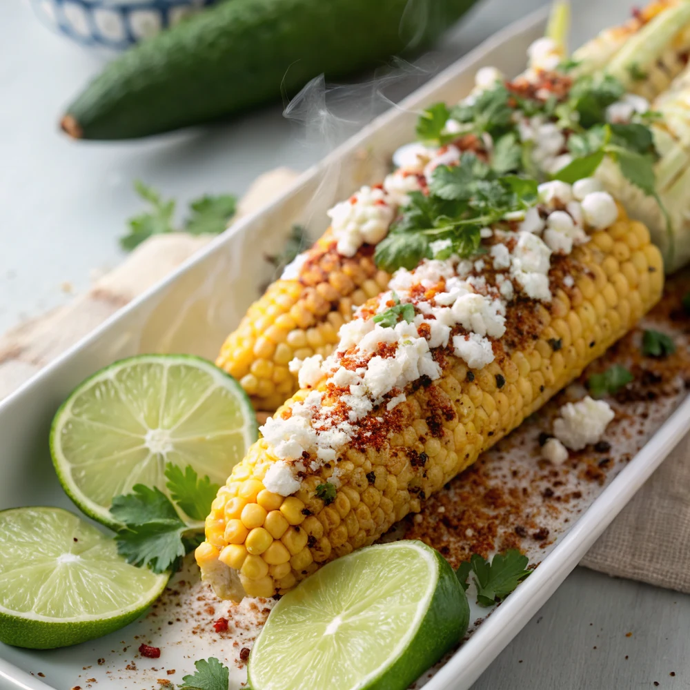 Overhead of smoked street corn topped with cotija cheese, chili powder, lime, and cilantro