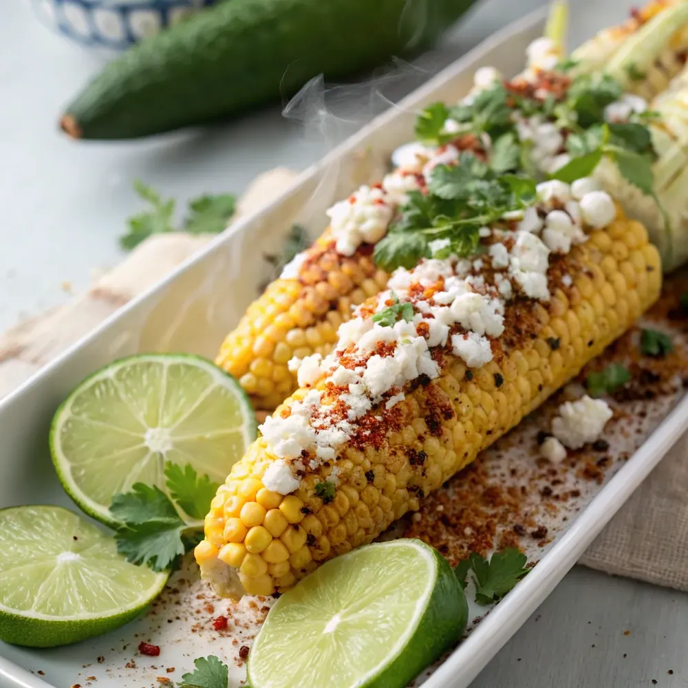 Overhead of smoked street corn topped with cotija cheese, chili powder, lime, and cilantro