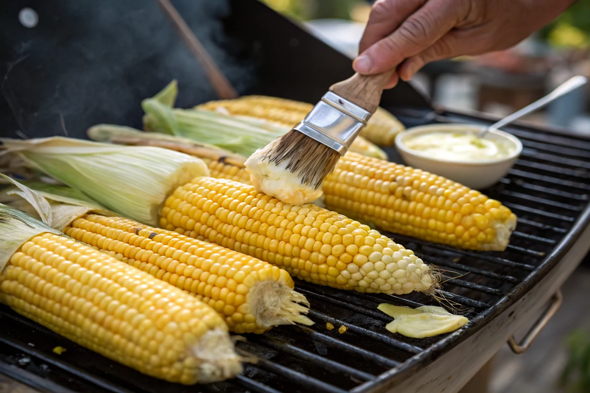 Corn with husks peeled back being brushed with butter on a smoker for the final char