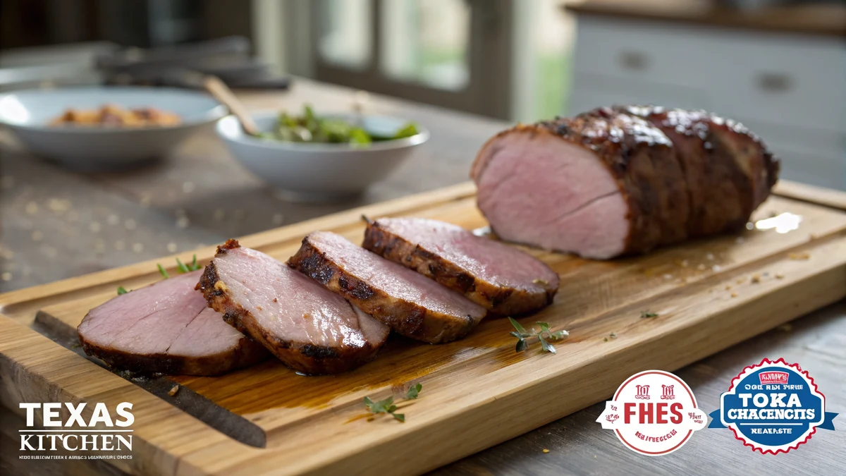 Two smoked pork tenderloins sliced into juicy medallions on a wooden board in a Texas kitchen