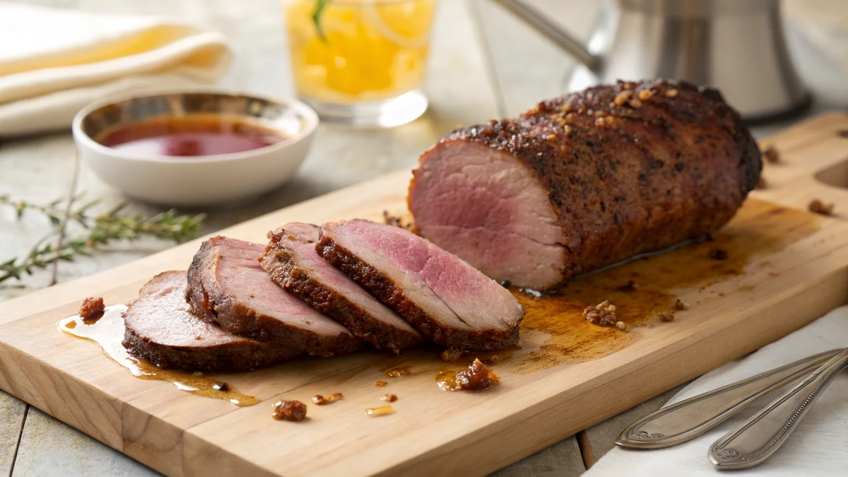 Two smoked pork tenderloins sliced into juicy medallions on a wooden board in a Texas kitchen