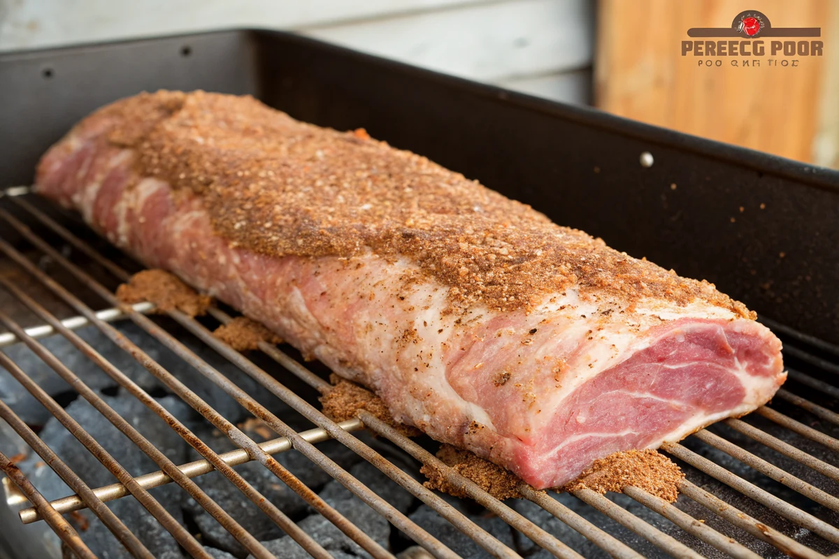 Seasoned raw pork tenderloin coated in brown sugar rub resting on a smoker grate before cooking