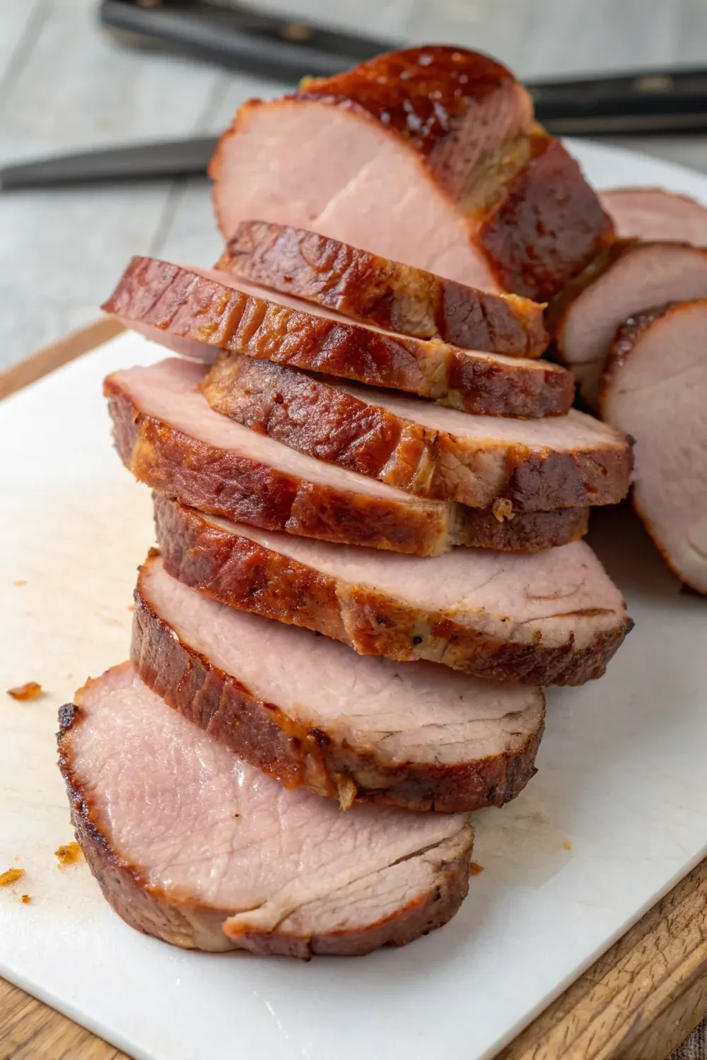 Sliced smoked pork tenderloin medallions stacked vertically, save this how long to smoke pork tenderloin guide
