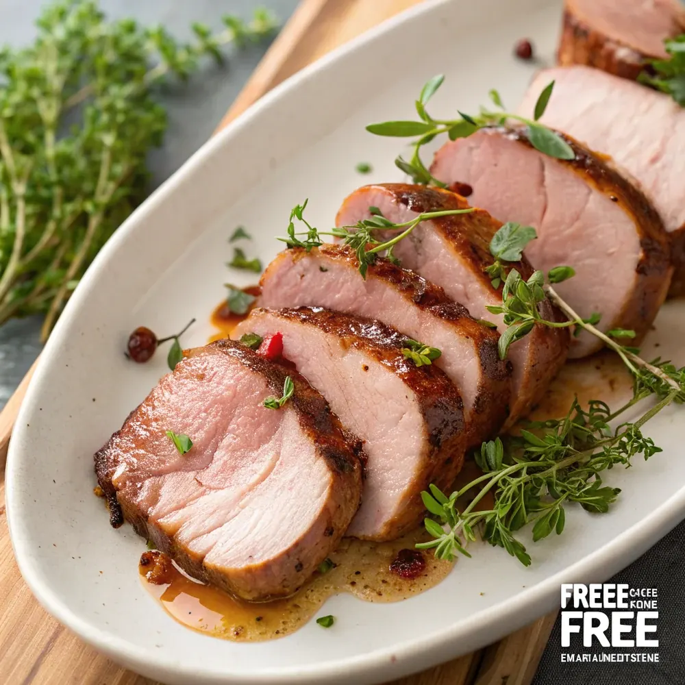 Overhead plate of sliced smoked pork tenderloin medallions with a glossy glaze and herbs