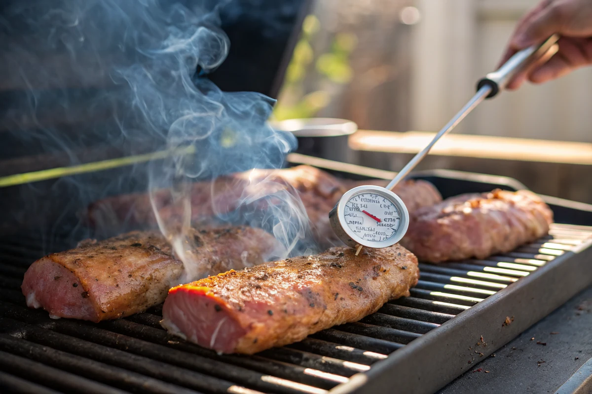 Pork tenderloins smoking on a grate with thin blue smoke and a probe thermometer inserted