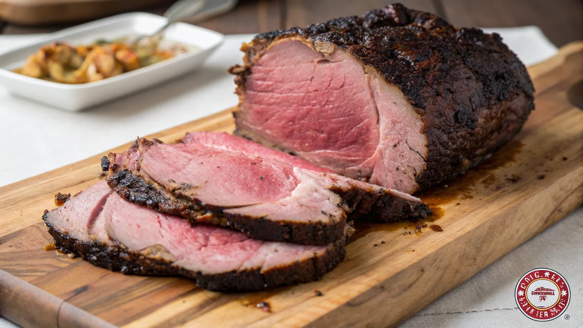 Sliced smoked prime rib showing a rosy medium-rare center and dark crust on a carving board