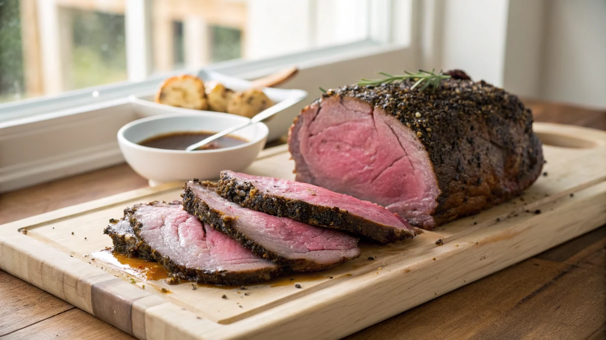 Sliced smoked prime rib showing a rosy medium-rare center and dark crust on a carving board
