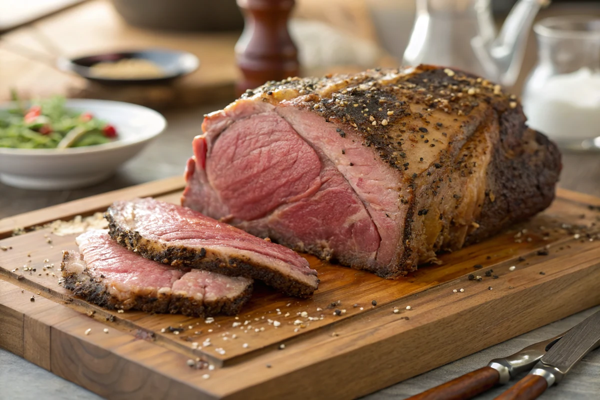 Bone-in prime rib roast seasoned with a salt and pepper crust resting before smoking