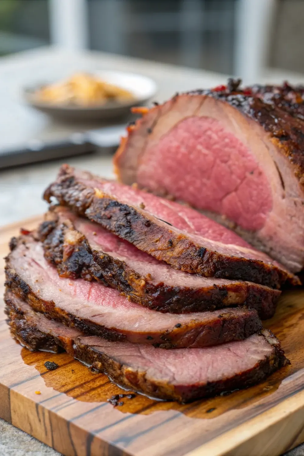 Sliced smoked prime rib with rosy center stacked vertically, save this how long to smoke prime rib guide