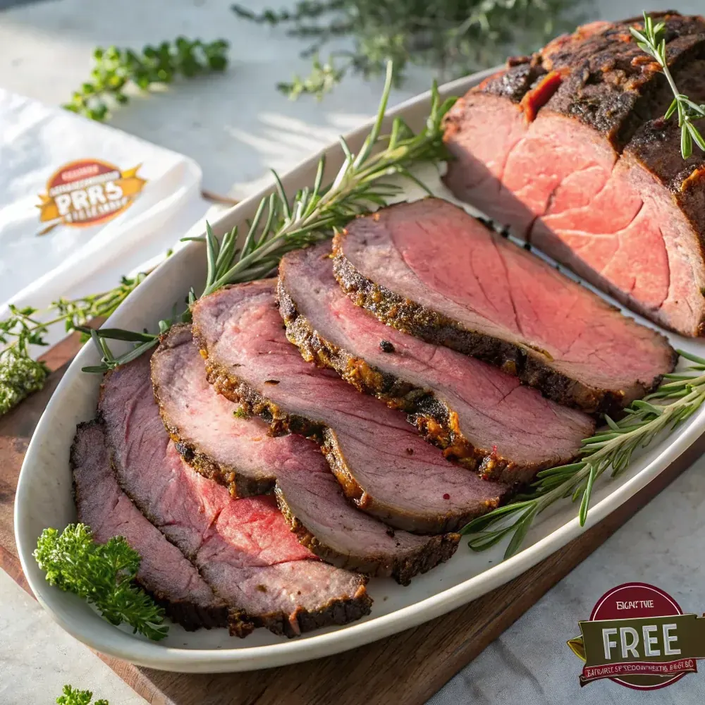 Overhead of carved smoked prime rib slices with rosy centers fanned on a platter with herbs