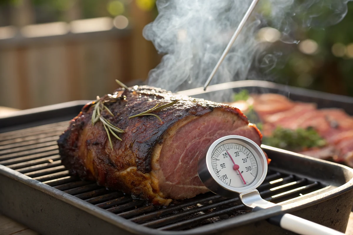 Prime rib roast smoking on a grate with a leave-in probe thermometer tracking internal temperature