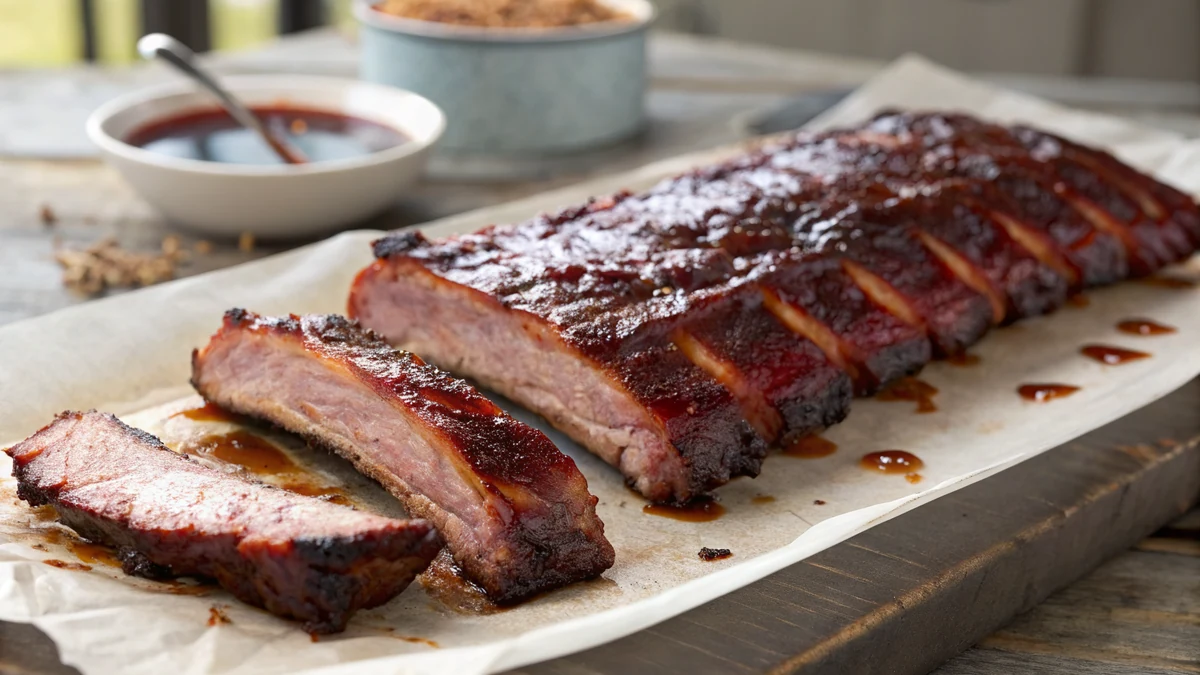 Rack of smoked pork ribs at 275F with a glossy glaze and mahogany bark sliced on butcher paper